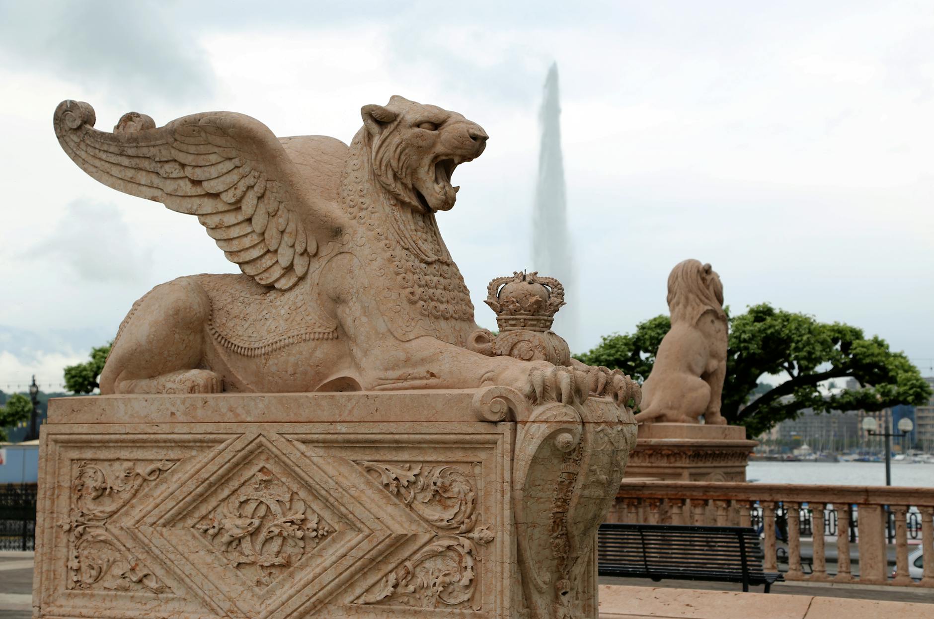 majestic sphinx statue by geneva s jet d eau